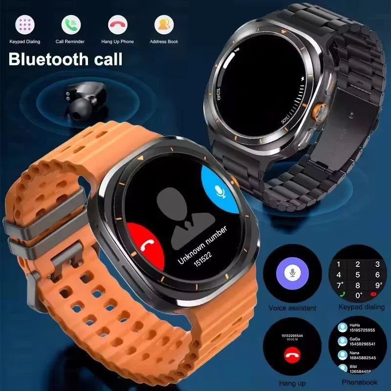 Two smartwatches, one with an orange silicone band and the other with a dark metal link band, both displaying call functions.