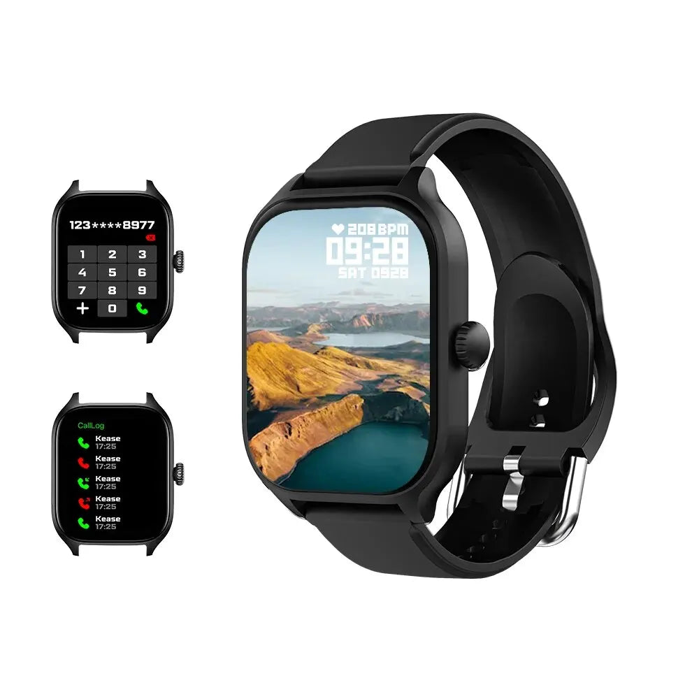 Black rectangular smartwatch with a black silicone strap, displaying various screen functions including a colorful scenic background, a dial pad, and a call log.